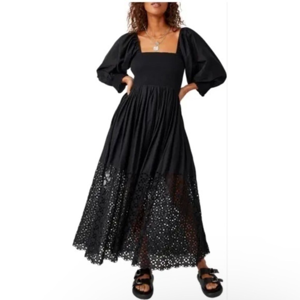 Free People Perfect Storm Smocked Eyelet Lon Sleeve Maxi Dress with Pockets